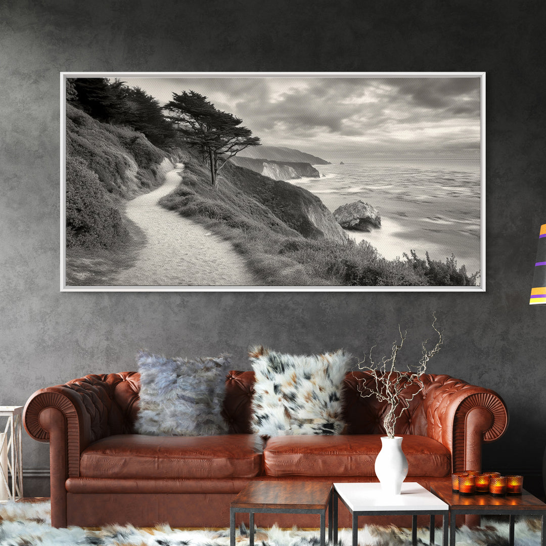 Coastal Path, Nature Trail, Ocean Cliff, Cypress Tree, Framed Canvas Print, Minimalist Wall Art, Living Room Decor, Scenic Landscape