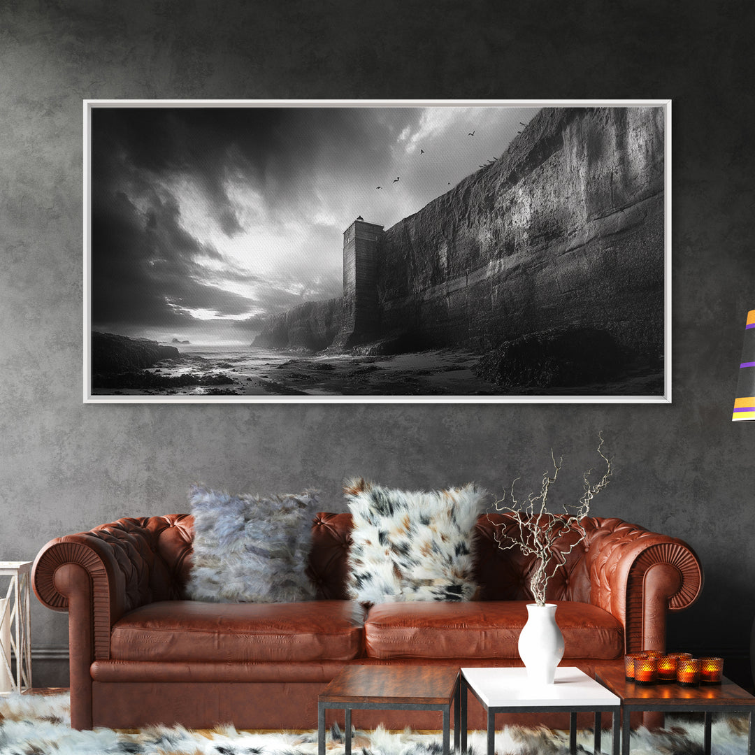 Cliff Lighthouse, Dramatic Sky, Seaside Tower, Ocean Mood, Canvas Print, Gothic Wall Art, Study Decor, Moody Coastal Artwork