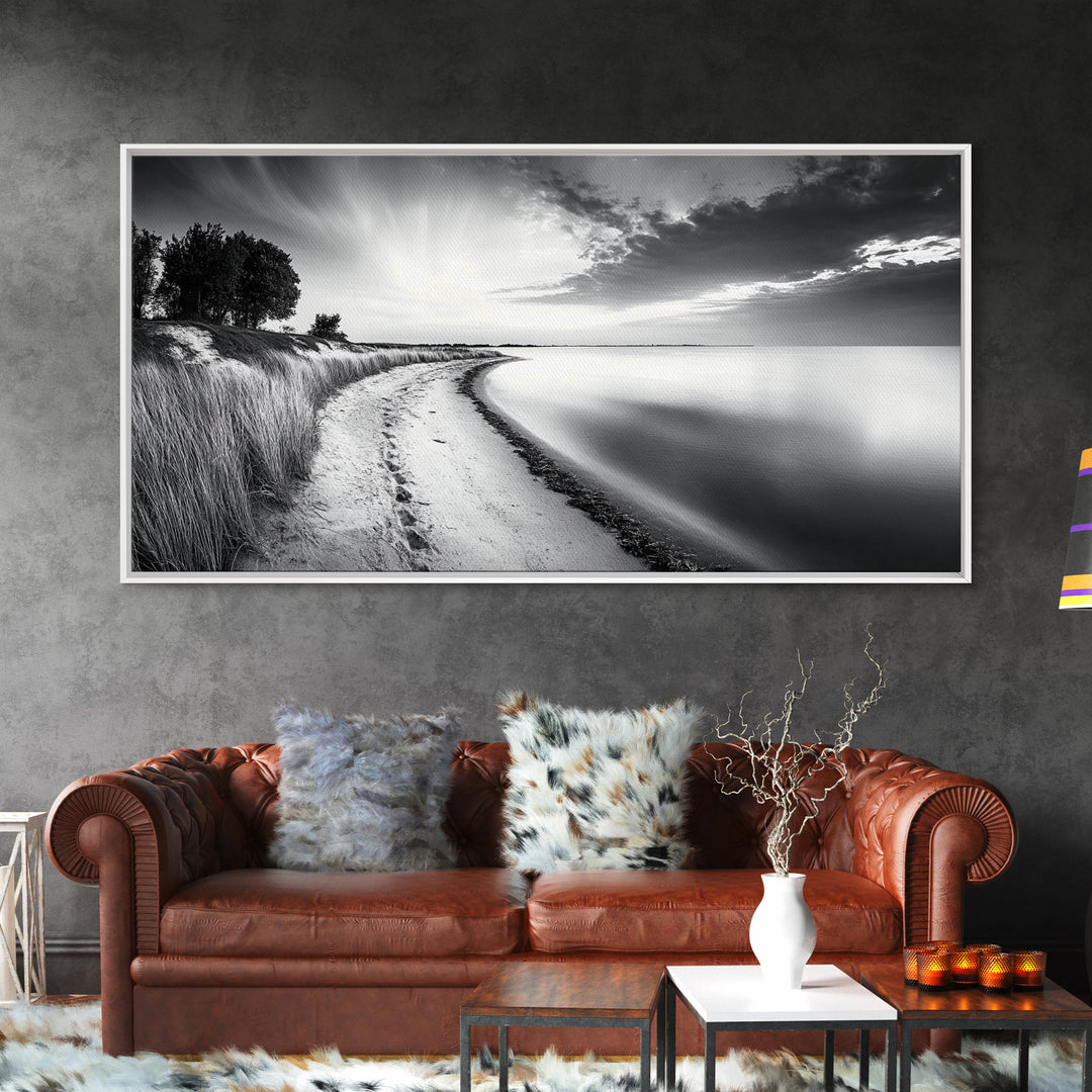 Calm Beach, Grassy Dunes, Serene Shoreline, Peaceful Water, Framed Canvas Print, Minimalist Art, Bedroom Wall Decor, Coastal Calm