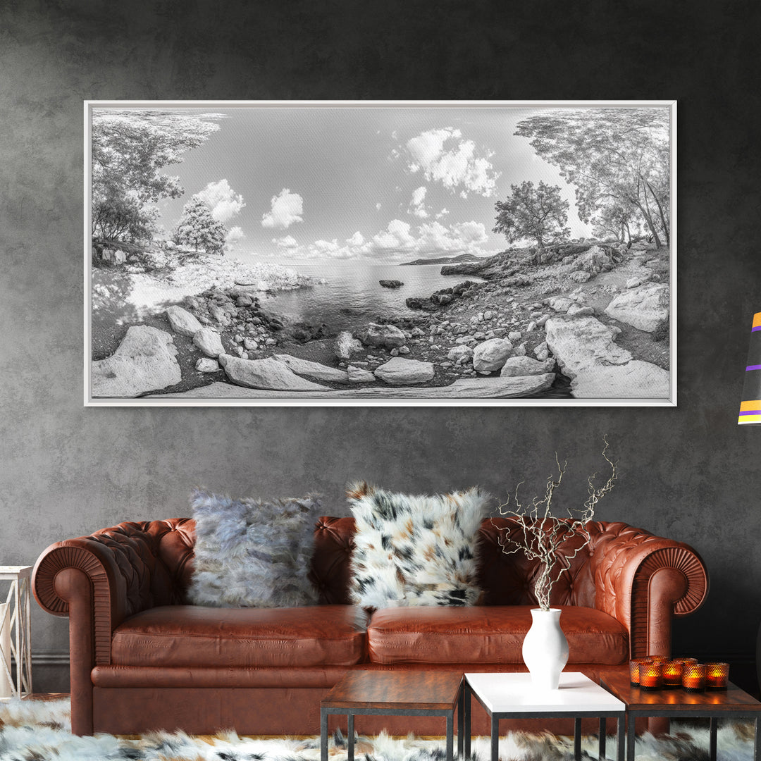 Rocky Cove, Tranquil Bay, Forest Edge, Panoramic Beach, Framed Canvas Print, Nature Art, Bathroom Wall Decor, Earthy Coastal View
