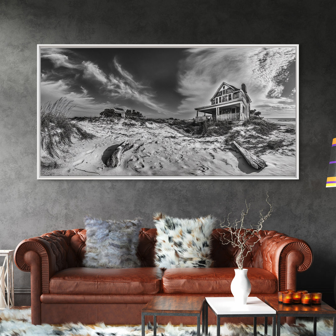 Abandoned House, Beach Shack, Coastal Ruins, Windy Sky, Canvas Print, Rustic Wall Art, Fall Home Decor, Dramatic Seaside Scene