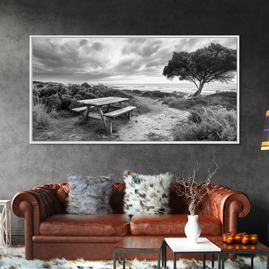 Picnic Table, Ocean Tree, Coastal Path, Windswept Scene, Framed Canvas Print, Rustic Wall Art, Fall Decor, Peaceful Beach Setting