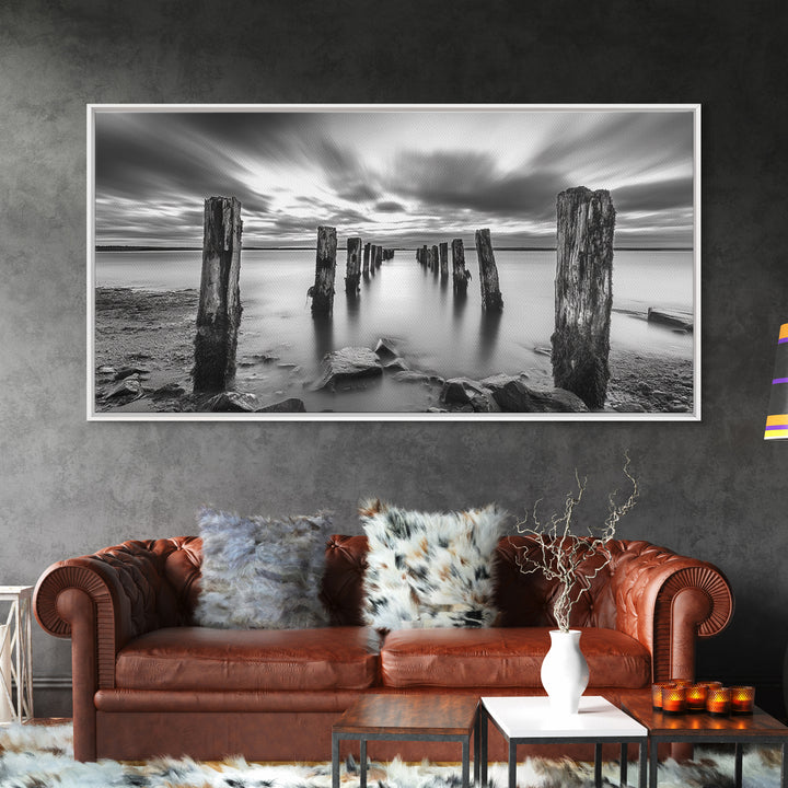 Ocean Pilings, Calm Waters, Cloud Streaks, Sunset Mood, Canvas Print, Minimalist Seascape, Bedroom Wall Art, Serene Beach Decor
