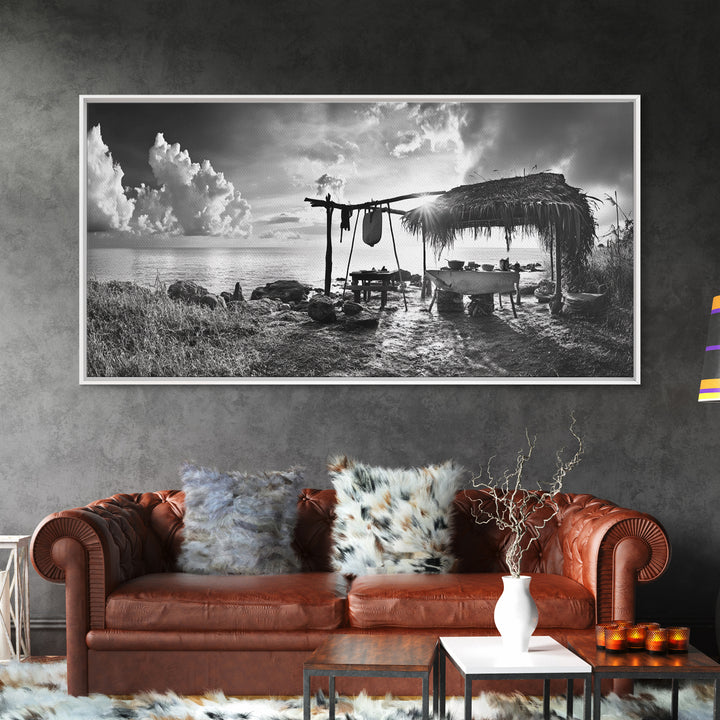 Beach Shack, Driftwood Table, Seaside Shelter, Sun Rays, Canvas Print, Rustic Coastal Art, Boho Decor, Dining Room Wall Art, Cabin Wall Art