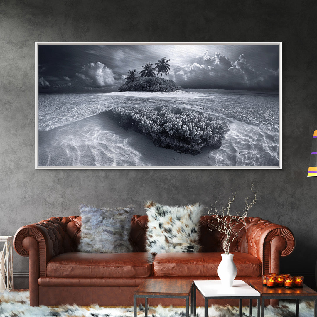 Coral Island, Tropical Ocean, Underwater Reef, Clear Sea, Framed Canvas Print, Beach House Art, Coastal Living Room Decor, Office Wall Decor