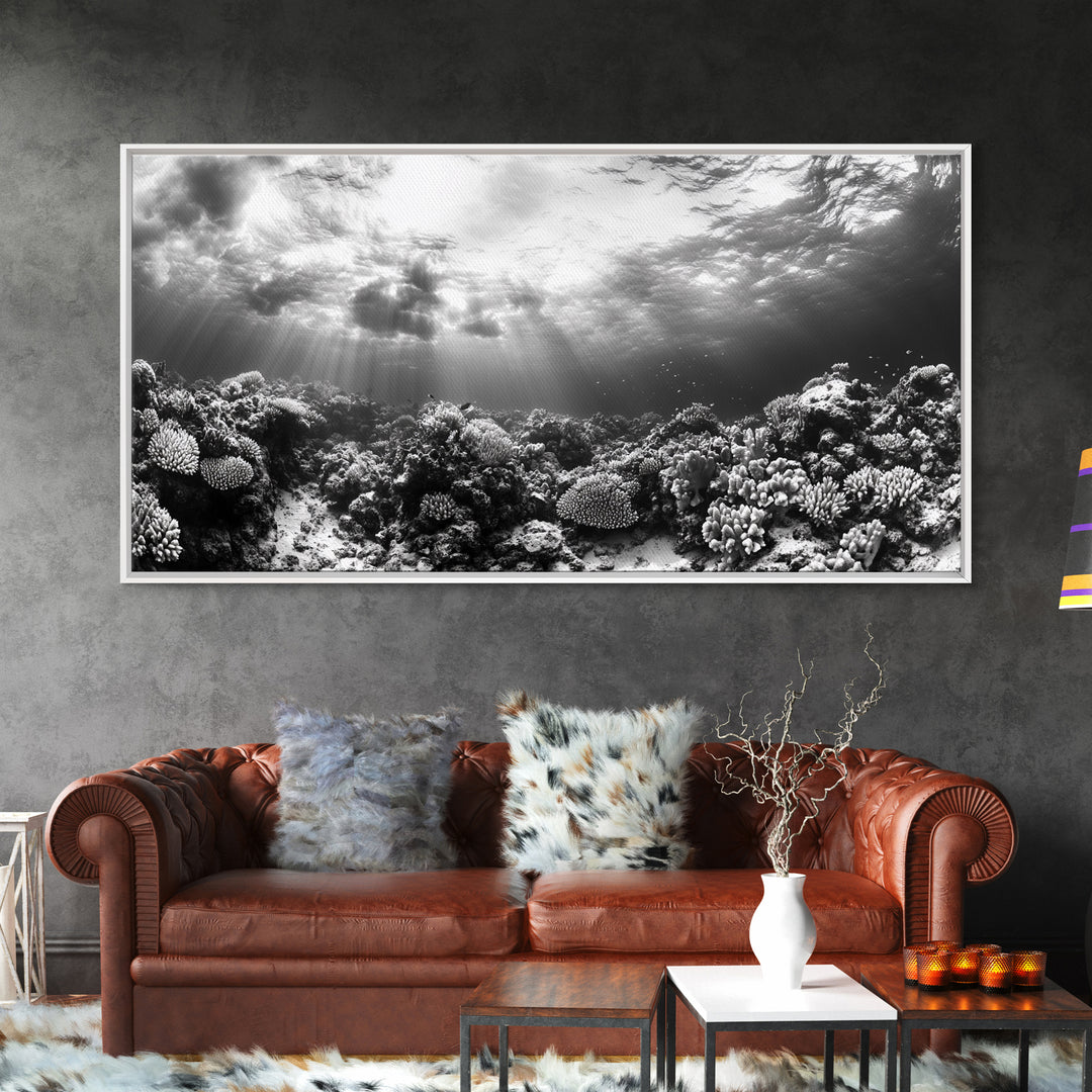 Coral Reef, Ocean Depths, Sunlight Rays, Marine Life, Canvas Print, Minimalist Nature Art, Bathroom Decor, Underwater Scene, Bedroom Wall Art