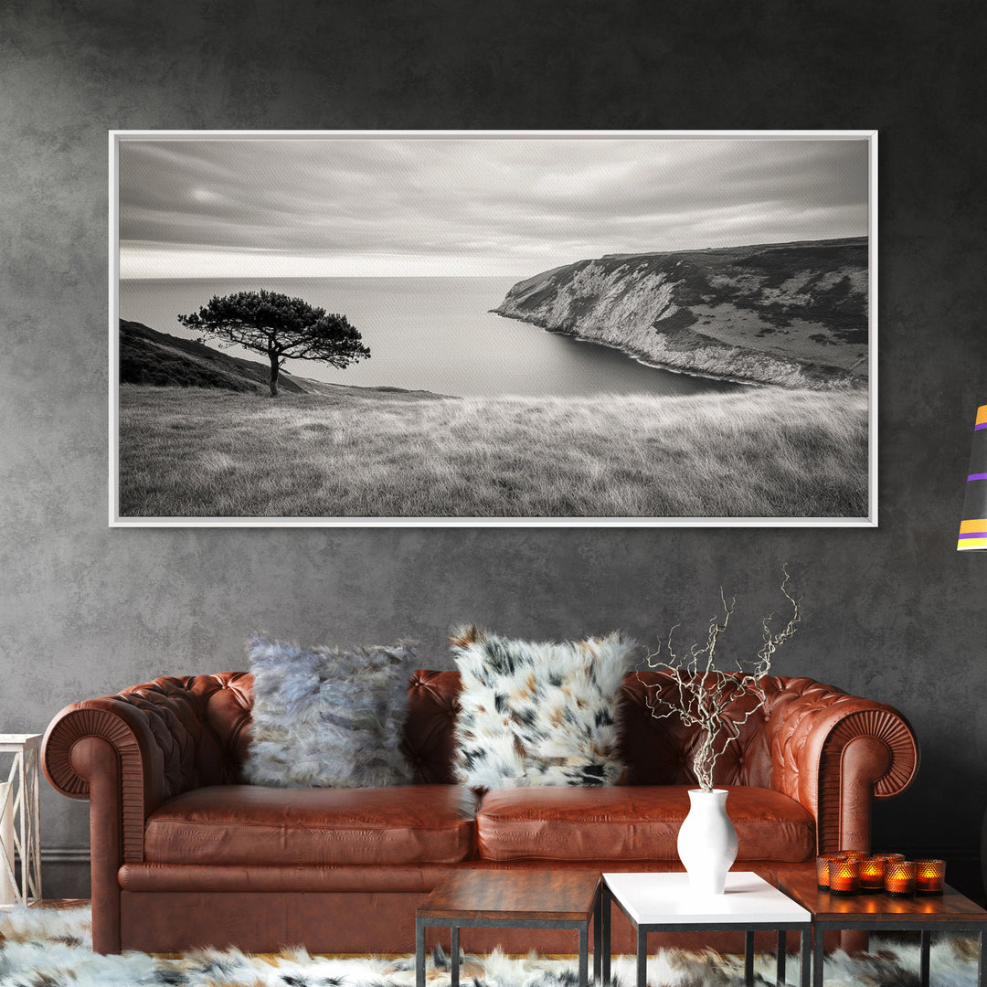 Coastal Cliff View, Solitary Tree Scene, Modern Minimalist Style, Framed Canvas Print, Calm Neutral Wall Art, Living Room Decor