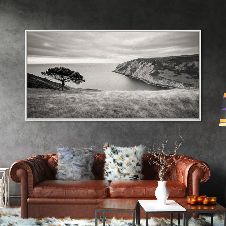 Coastal Cliff View, Solitary Tree Scene, Modern Minimalist Style, Framed Canvas Print, Calm Neutral Wall Art, Living Room Decor
