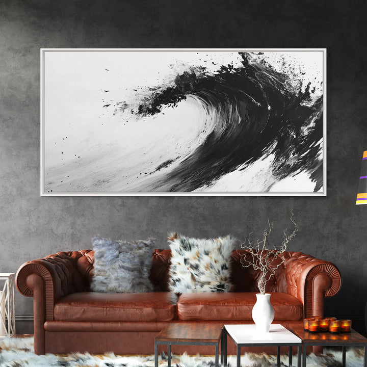 Abstract Wave, Black White, Modern Ink, Ocean Motion, Canvas Print, Minimalist Art, Office Wall Decor, Contemporary Coastal Style