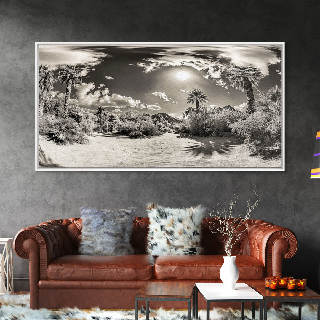 Desert Oasis, Palm Landscape, Nature Panorama, Framed Canvas Print, Tropical Wall Art, Living Room Decor, Boho Aesthetic, Sunlit Scene