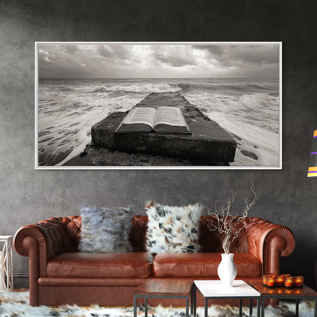Ocean and Book, Moody Literary Print, Surreal Seascape Art, Framed Canvas Print, Library or Reading Nook Wall Decor, Dark Academia