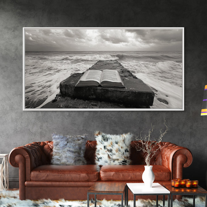 Ocean and Book, Moody Literary Print, Surreal Seascape Art, Framed Canvas Print, Library or Reading Nook Wall Decor, Dark Academia
