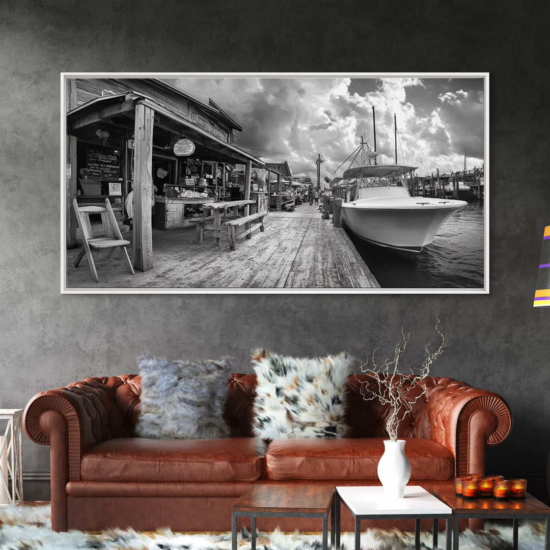 Dockside Market, Nautical Vibes, Fishing Village, Framed Canvas Print, Coastal Kitchen Art, Rustic Decor, Oceanfront Life Scene