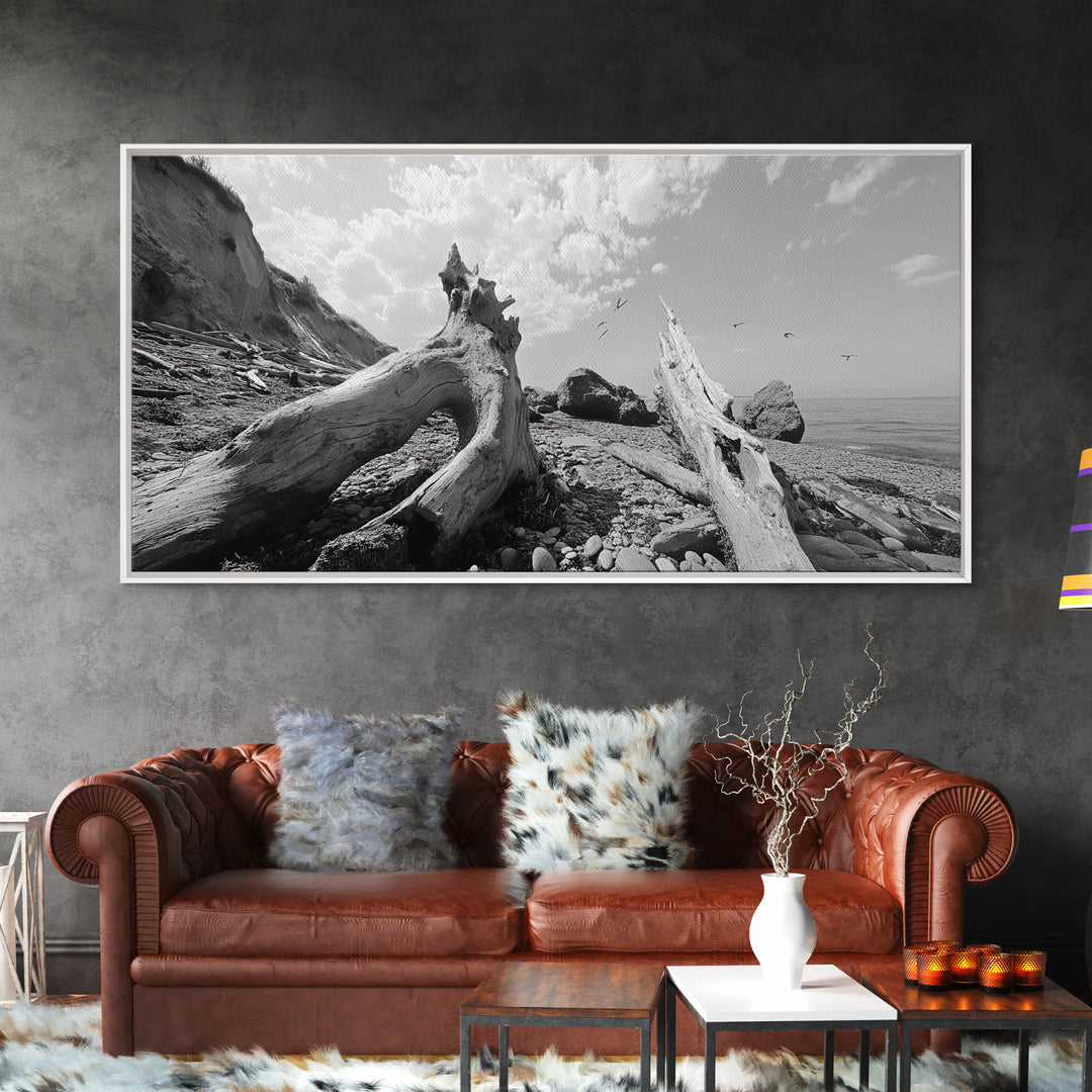 Coastal Driftwood, Beach Landscape, Pebble Shore Scene, Natural Decor Accent, Canvas Print, Relaxed Vibe, Entryway or Den Wall Art