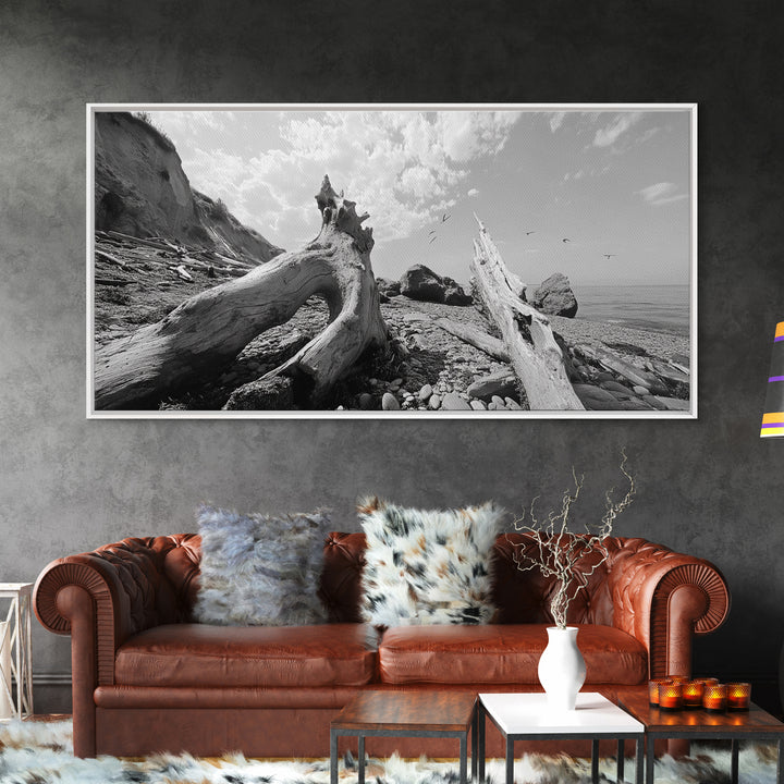Coastal Driftwood, Beach Landscape, Pebble Shore Scene, Natural Decor Accent, Canvas Print, Relaxed Vibe, Entryway or Den Wall Art