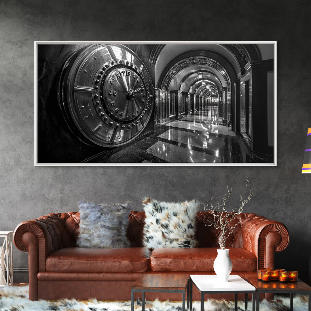 Bank Vault Door, Industrial Urban Decor, Luxury Office Art, Framed Canvas Print, Black and Silver Wall Art, Masculine Home Style