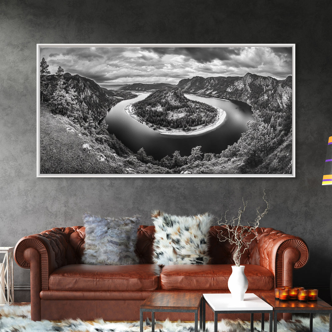 River Bend Landscape, Mountain View Aerial, Nature Panorama Scene, Framed Canvas Print, Cabin Wall Art, Adventure Boho Art, Living Room Wall Art