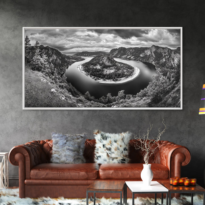 River Bend Landscape, Mountain View Aerial, Nature Panorama Scene, Framed Canvas Print, Cabin Wall Art, Adventure Boho Art, Living Room Wall Art
