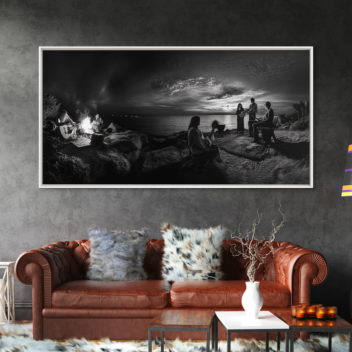 Campfire Gathering, Boho Night Vibes, Music Outdoors Scene, Framed Canvas Print, Living Room Wall Art, Folk Rustic Aesthetic