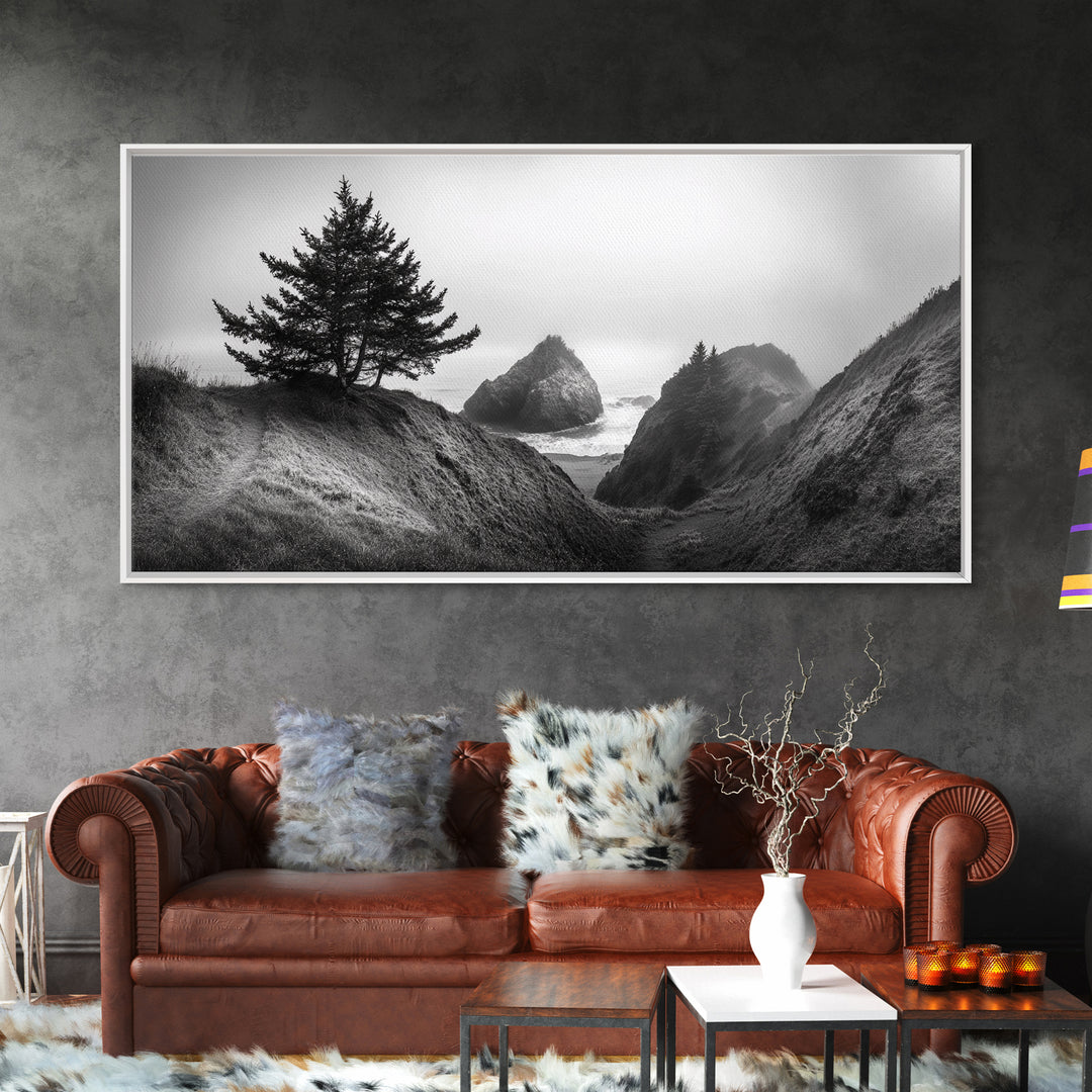 Coastal Cliff Scene, Evergreen Ocean Landscape, Pacific Northwest View, Framed Canvas Print, Nature Inspired Wall Art, Minimalist Decor