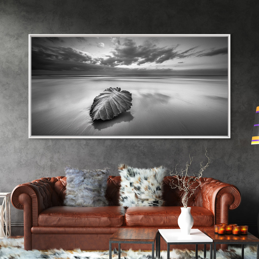 Beach Leaf Still, Autumn Nature Scene, Calm Ocean Shoreline, Canvas Print, Fall Bathroom Wall Art, Neutral Earth Tone Decor