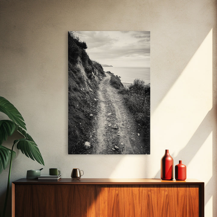 Coastal Cliff Path, Tranquil Trail, Black and White Landscape, Nature Lover Gift, Framed Canvas Print, Entryway Wall Art, Rustic Boho Art