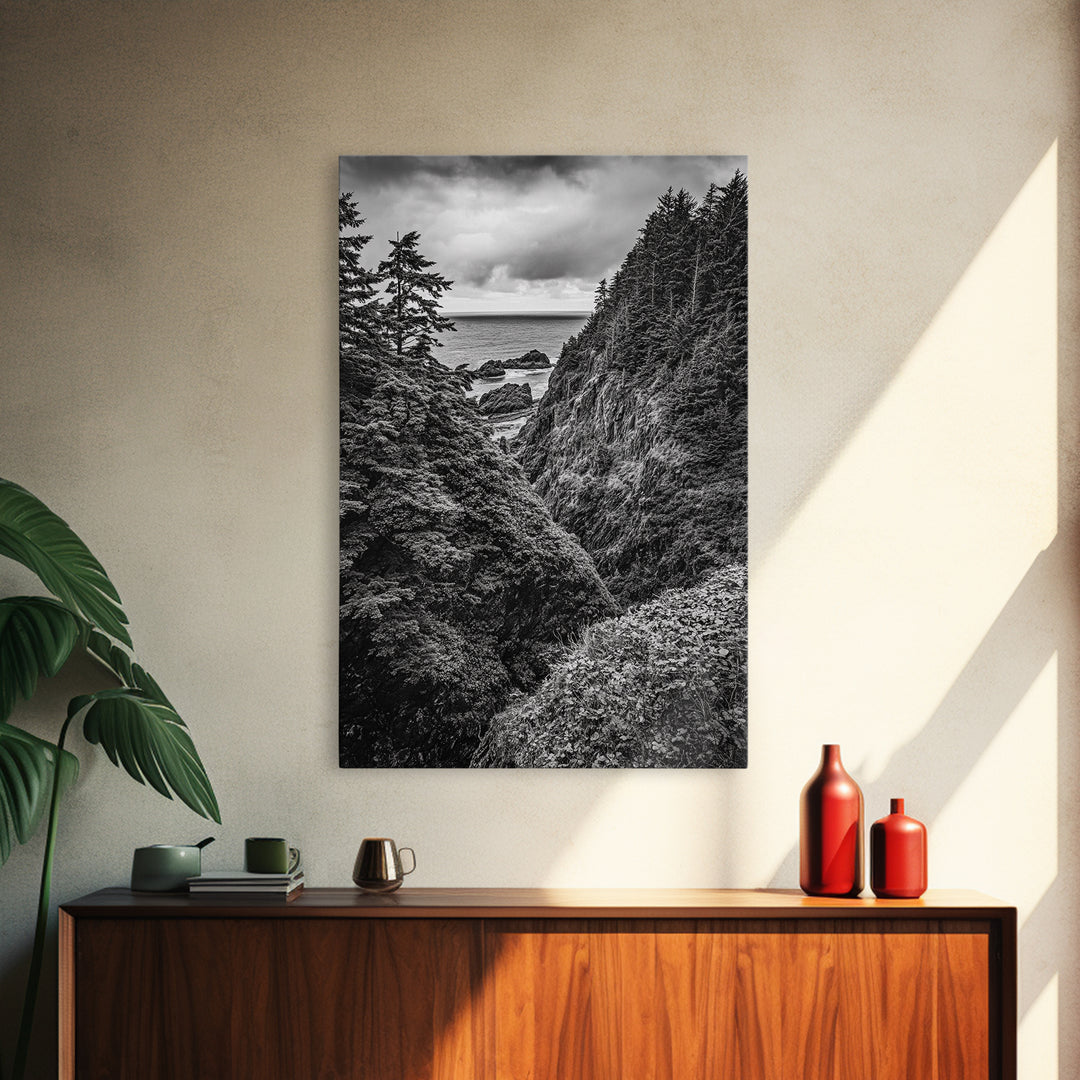 Rugged Ocean View, Coastal Forest, Black and White Mountains, Pacific Northwest Vibes, Framed Canvas Print, Den Wall Art, Moody Cabin Decor