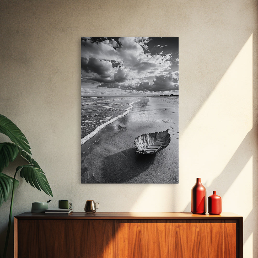 Autumn Beach Leaf, Drift Shore, Moody Cloudscape, Black and White Fall Art, Framed Canvas Print, Seasonal Wall Decor, Rustic Autumn Style