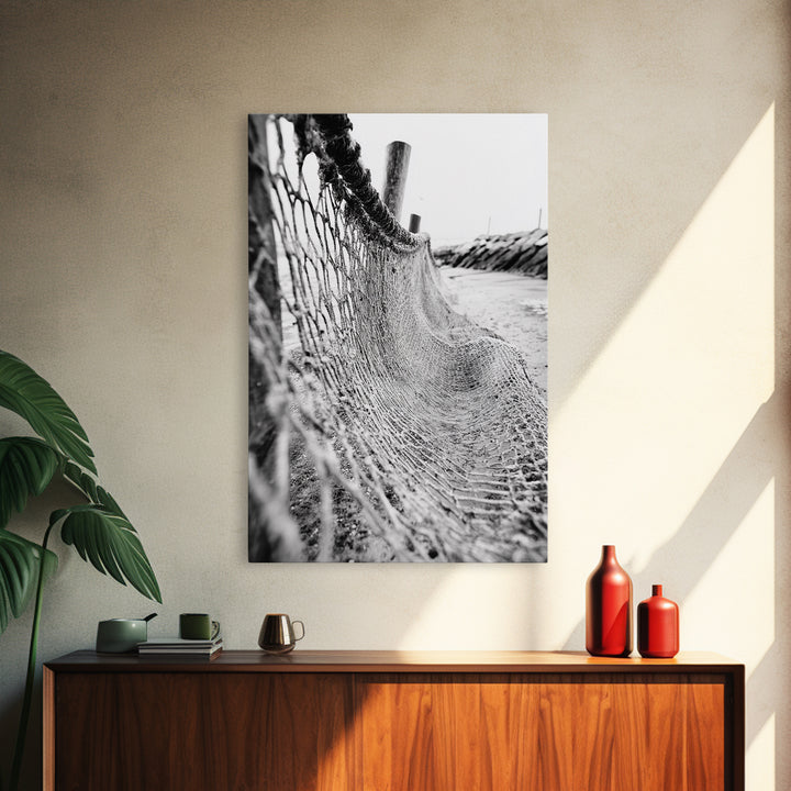 Coastal Net, Beach Texture, Nautical Vibe, Ocean Fence, Framed Canvas Print, Bathroom Wall Art, Coastal Cottage Style, Monochrome Beach Art