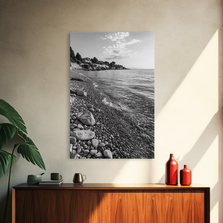 Pebble Beach, Tranquil Coastline, Coastal Stones, Sunrise Shore, Canvas Print, Bathroom Wall Art, Ocean Photography, Beach House Decor