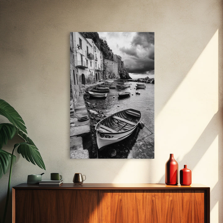 Coastal Village, Fishing Boats, Mediterranean Harbor, Seaside Charm, Framed Canvas Print, Nautical Kitchen Wall Art, Fall Decor Accent