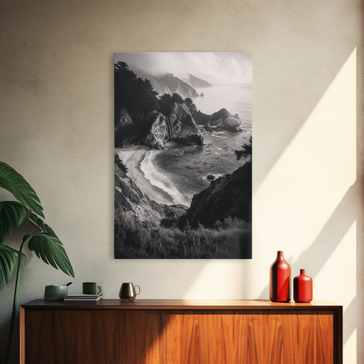 Ocean Cove, Cliffside Escape, Pacific Waters, Coastal Horizon, Canvas Print, Beach House Wall Art, Serene Nature Photography, Neutral Tones