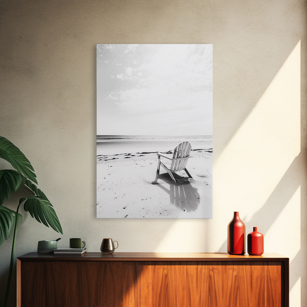 Beach Chair, Coastal Calm, Empty Shoreline, Canvas Print, Minimalist Wall Art, Beach House Decor, Serene Ocean Photography
