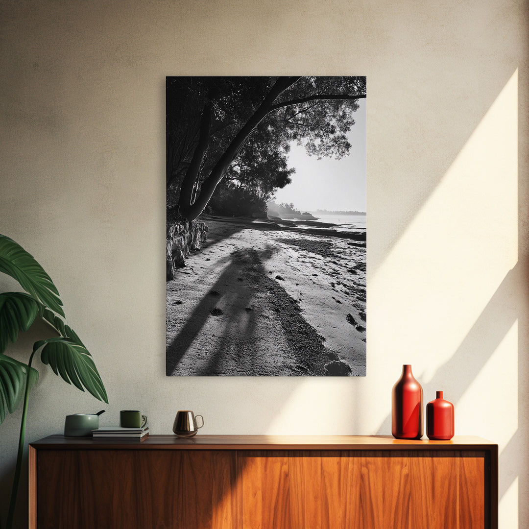 Coastal Shadows Path, Black and White Landscape, Framed Canvas Print, Entryway Art, Calm Nature Scene, Moody Coastal Wall Decor