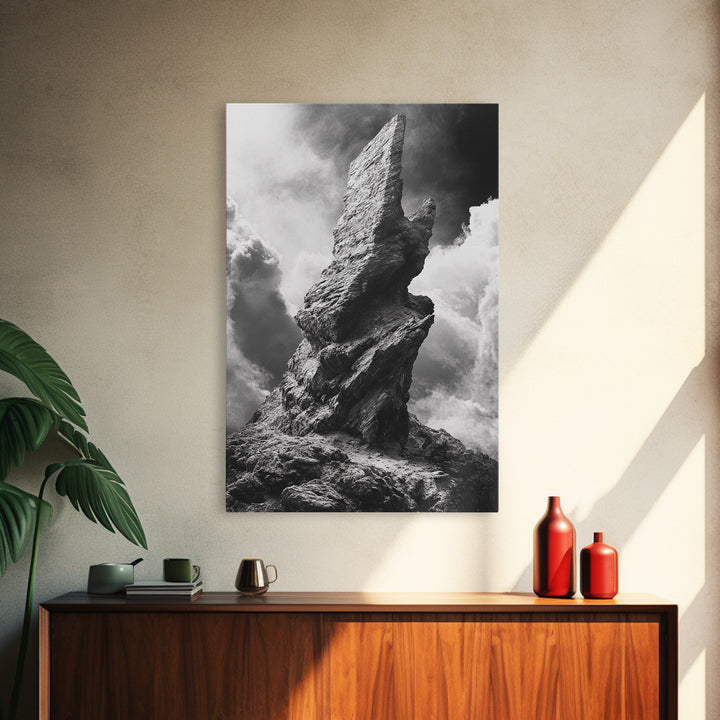 Abstract Rock Tower, Nature Photography, Stormy Sky, Canvas Print, Rustic Decor, Earthy Wall Art, Living Room Art, Moody Landscape Print