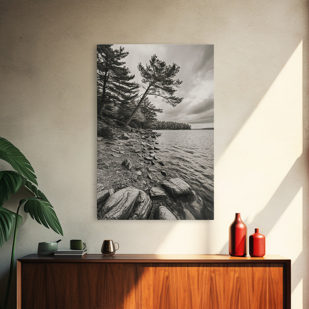 Pine Shoreline Landscape, Calm Water Trees, Autumn Mood, Canvas Print, Rustic Cabin Wall Art, Bedroom Nature Decor, Earthy Photography