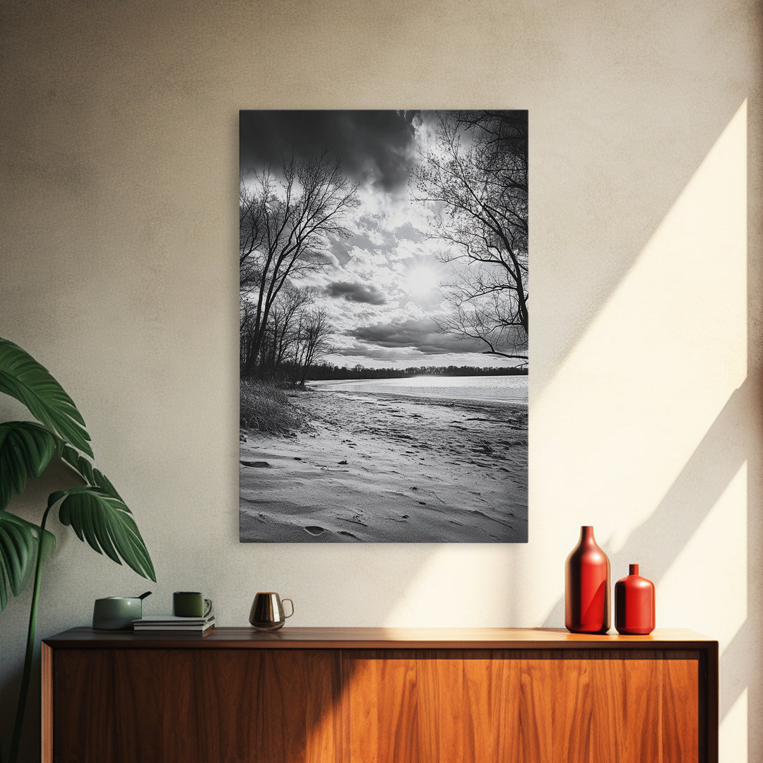 Dramatic Beach Sunset, Bare Trees Silhouette, Nature Photography, Framed Canvas Print, Fall Wall Art, Entryway Decor, Rustic Minimalist