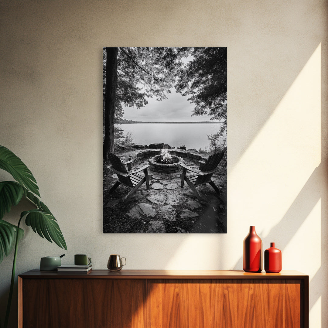 Campfire Lake Night, Adirondack Chairs, Wilderness Glow, Framed Canvas Print, Outdoor Living Wall Art, Cabin Decor, Autumn Retreat Art