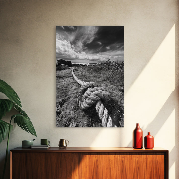 Nautical Rope Knot, Coastal Texture, Ocean Breeze, Framed Canvas Print, Beach House Wall Art, Rustic Nautical Decor, Minimalist Style