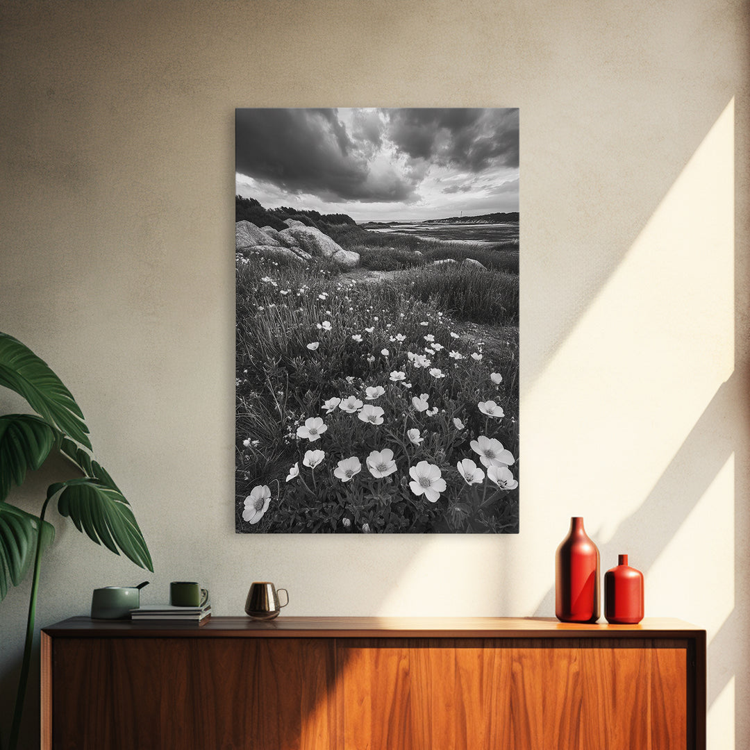 Meadow Bloom, Coastal Flowers, Stormy Sky, Framed Canvas Print, Spring Wall Art, Nature Photography, Kitchen Botanical Decor