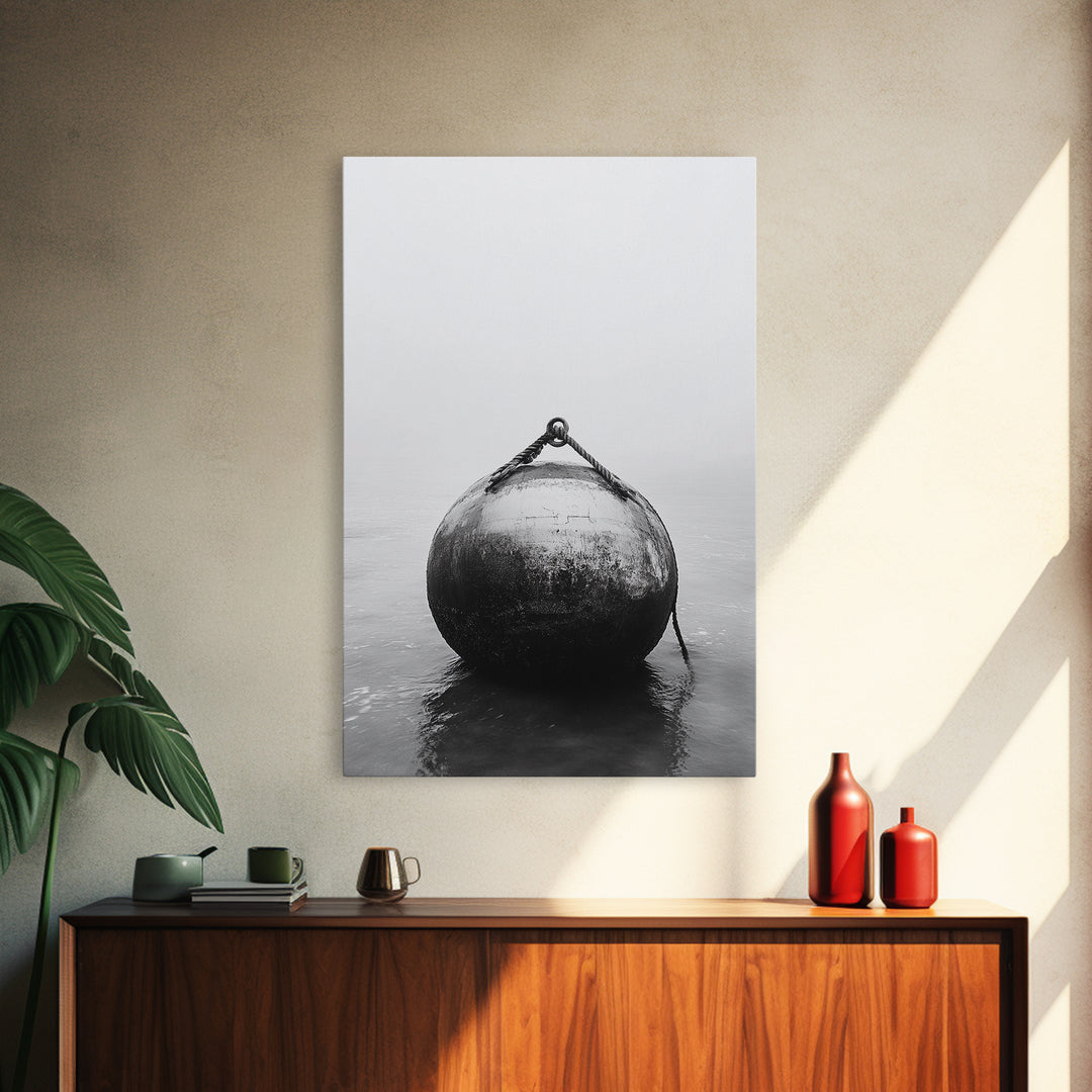 Buoy Stillness, Ocean Fog, Minimal Water, Framed Canvas Print, Nautical Wall Art, Bathroom Decor, Calm Coastal Black and White Art