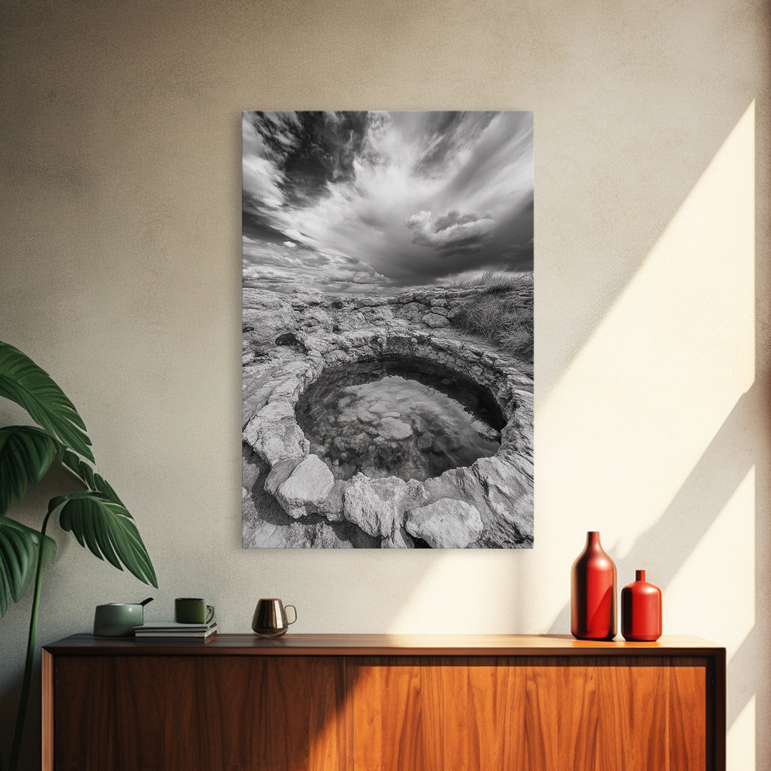 Natural Stone Pool, Sky Reflections, Framed Canvas Print, Bathroom Wall Art, Earthy Neutral Decor, Minimalist Landscape