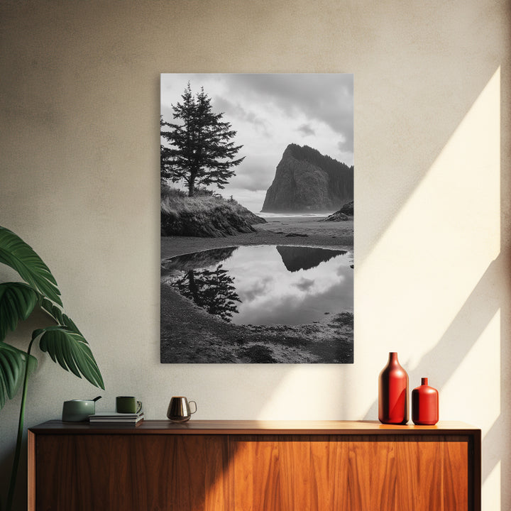 Coastal Rock Reflections, Nature Photography, Ocean Landscape, Framed Canvas Print, Moody Living Room Art, Minimal Decor