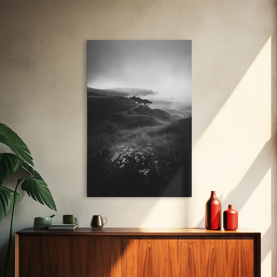 Rolling Mist Hills, Dreamy Countryside, Framed Canvas Print, Black and White Wall Art, Bedroom Calm Decor, Nature Landscape