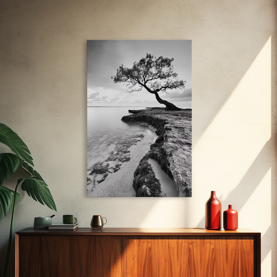 Coastal Tree Silhouette, Serene Nature Art, Ocean Wall Scene, Framed Canvas Print, Beach House Decor, Minimalist Design