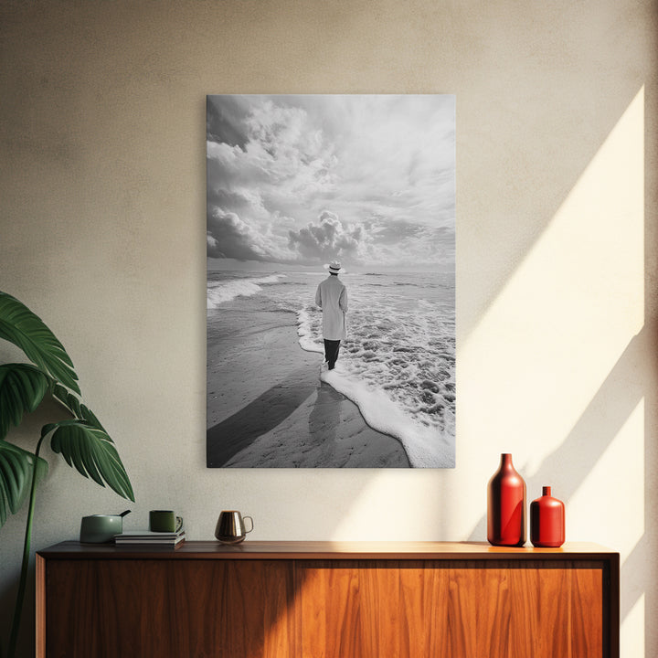 Man On Shore, Thoughtful Walk, Ocean Wanderer, Framed Canvas Print, Minimalist Fall Art, Bedroom Decor, Moody Coastal Scene
