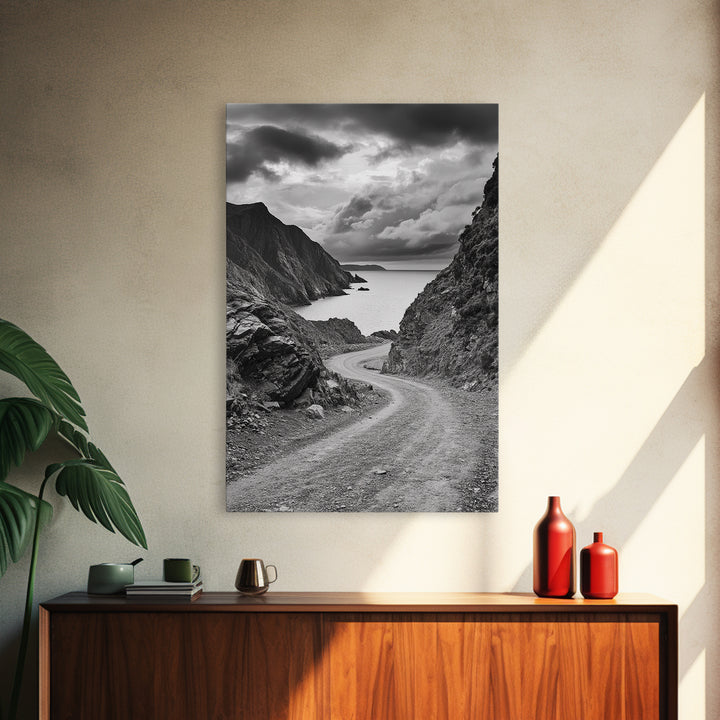 Coastal Road Curve, Rugged Cliff Path, Dramatic Seascape, Canvas Print, Office Wall Art, Monochrome Nature Art, Rustic Home Decor