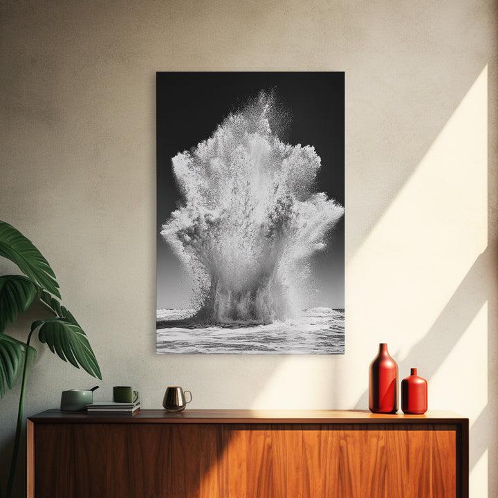 Ocean Splash, Water Explosion, Sea Power, Canvas Print, Bathroom Wall Art, Black and White Abstract Art, Coastal Modern Decor