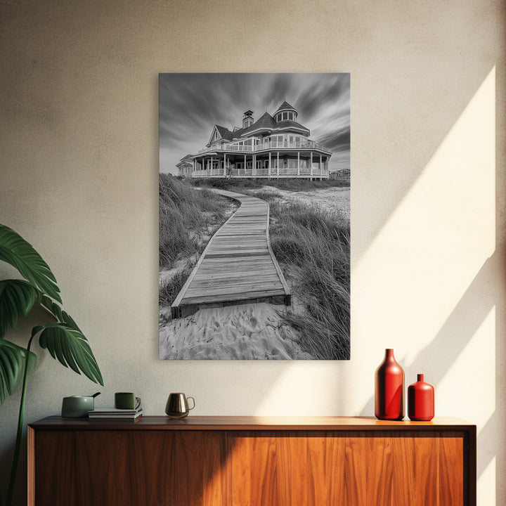 Beach House, Boardwalk Path, Coastal Architecture, Framed Canvas Print, Hallway Wall Art, Neutral Tones, Minimalist Coastal Style