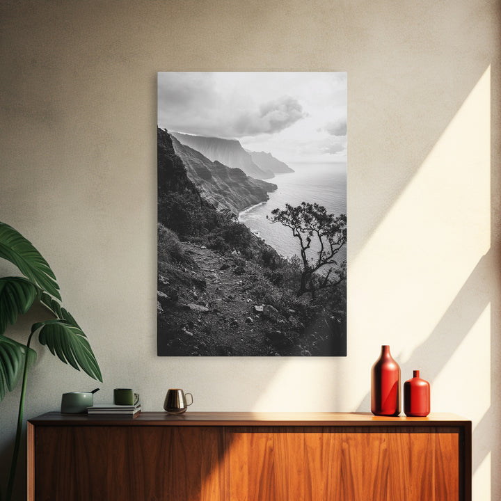 Coastal Cliff, Ocean Horizon, Hiking Trail, Framed Canvas Print, Nature Photography, Boho Wall Art, Living Room Decor, Minimalist Earth Tones